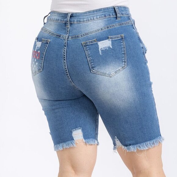 Light Blue Distressed Denim Bermuda Shorts Patriotic - Picture 3 of 10
